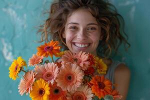 Woman Holding Bunch of Flowers in Front of Her Face photo