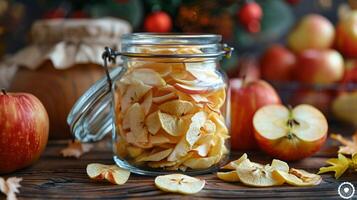 Glass Jar With Sliced Apples on Wooden Table photo