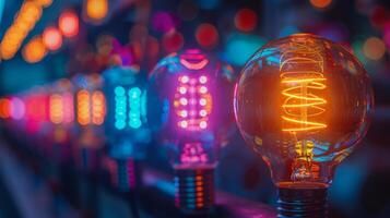 Row of Colorful Light Bulbs on Counter photo