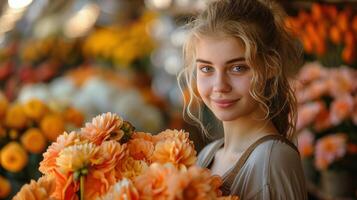 Woman Holding Bouquet of Flowers photo