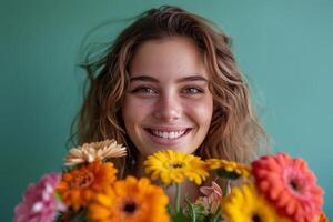 Woman Holding Bunch of Flowers in Front of Her Face photo