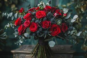 Red Roses Bouquet on Table photo