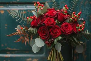 Red Roses Bouquet on Table photo
