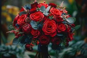 Bouquet of Red and Pink Roses With Greenery photo