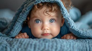 Baby With Blue Blanket on Head photo