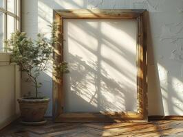 Empty wooden frame mockup in interior background. photo