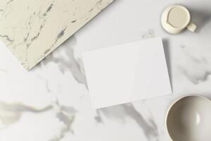 Top view of blank business card mockup on marble background photo