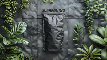 Coffee bag mockup on black background with plants photo