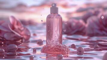 Cosmetic bottle with dropper on water on pink background photo