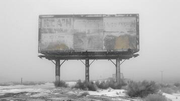 Abandoned billboard mockup in the middle of a foggy winter day photo