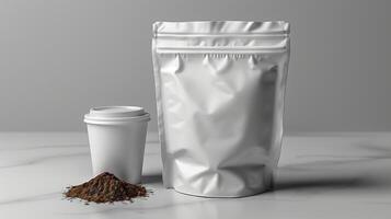 Coffee Bag Mock-Up with glass on marble floor photo