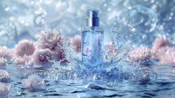 blue perfume bottle on waterdrop background photo