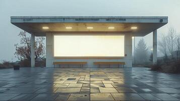 Empty wall mockup on bus stop in foggy morning photo