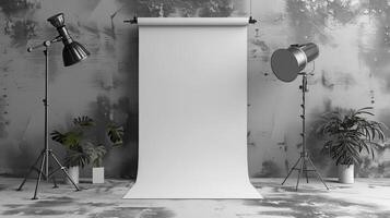 interior photography studio with blank poster and lighting equipment photo