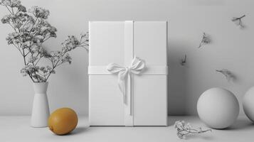 Gift box with white ribbon on white background photo