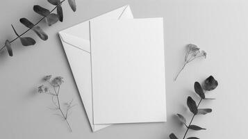 Mockup of white paper envelope with eucalyptus leaves on a gray background. photo