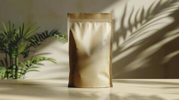 Brown paper bag mockup with shadow on the wall photo