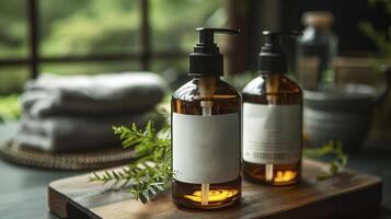 Essential oil bottle on wooden tray photo