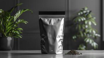 Coffee bag mockup on black background with plants photo
