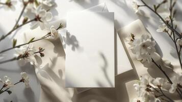 Blank paper card, envelope and spring flowers on light background photo
