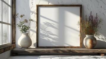 Empty wooden frame mock up in interior photo