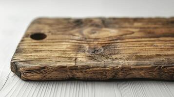 Old wooden cutting board on white wooden table, closeup. photo