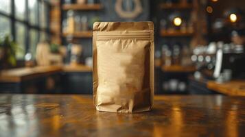 Coffee bag on the table in coffee shop photo