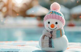 Snowman in Pink Hat and Scarf by Pool photo