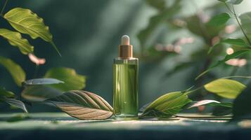 Green Liquid Bottle on Green Leaves photo