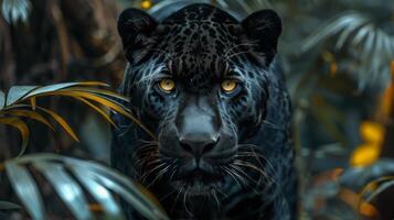Close Up of a Black Leopard With Orange Eyes photo