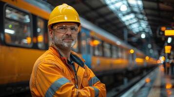 Man in Orange Jacket Standing Next to Train photo