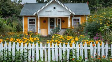 Blue House With White Picket Fence photo