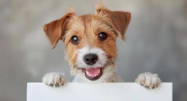 Smiling Dog Peeking Over White Surface photo