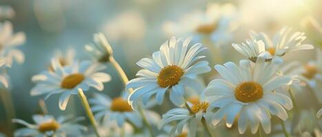 A Field of Daisies With Sun Setting in Background photo