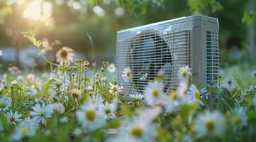 Fan Cooler In Sunny Field With House In Background photo