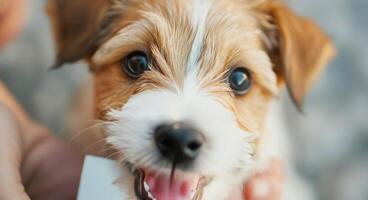 Smiling Dog Peeking Over White Surface photo
