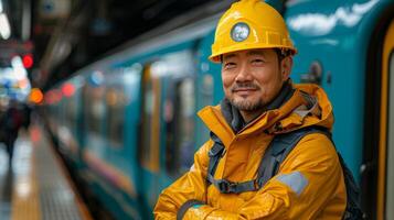 Man in Hard Hat Standing in Front of Train photo