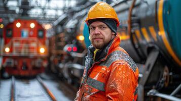Man in Orange Jacket Standing Next to Train photo