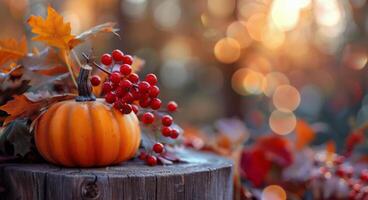 Pumpkin and Berries on Tree Stump in Autumn photo