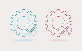 Gear icons with check mark and cross, workflow checked or error. vector