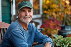 Smiling Man in Blue Sweater Outdoors photo