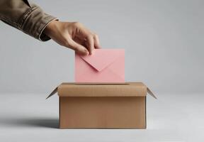Hand Placing Pink Envelope In Ballot Box photo