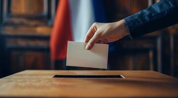 Person Casting Ballot in Front of French Flag photo