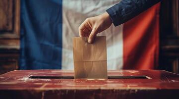 Person Casting Ballot in Front of French Flag photo