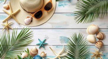 Summer Beach Accessories on Wooden Background photo