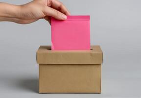 Hand Placing Pink Envelope In Ballot Box photo