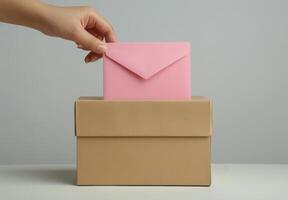 Hand Placing Pink Envelope in Box photo