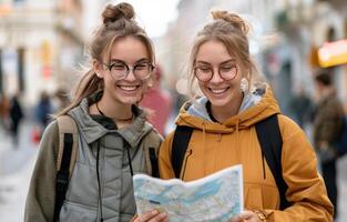 Two Women Looking At Map In City photo