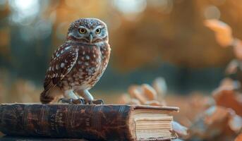 Owl Perched on Books in Library photo