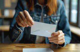 Woman Holding Blank White Card photo